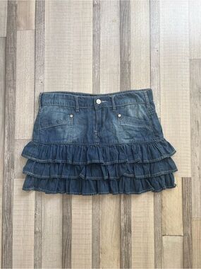 Denim Ruffle Mini Skirt - Blue